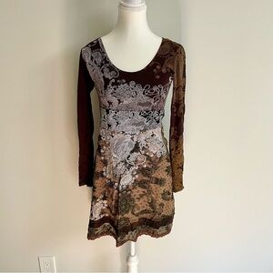 Vintage Y2K Desigual Brown Paisley A Line Long Sleeve Dress Size Medium